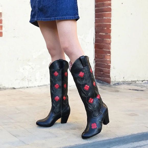 B.A.I.T. Round Toe Floral Embroidery Knee-High Cowboy Boots in Black/Red - Picture 1 of 12